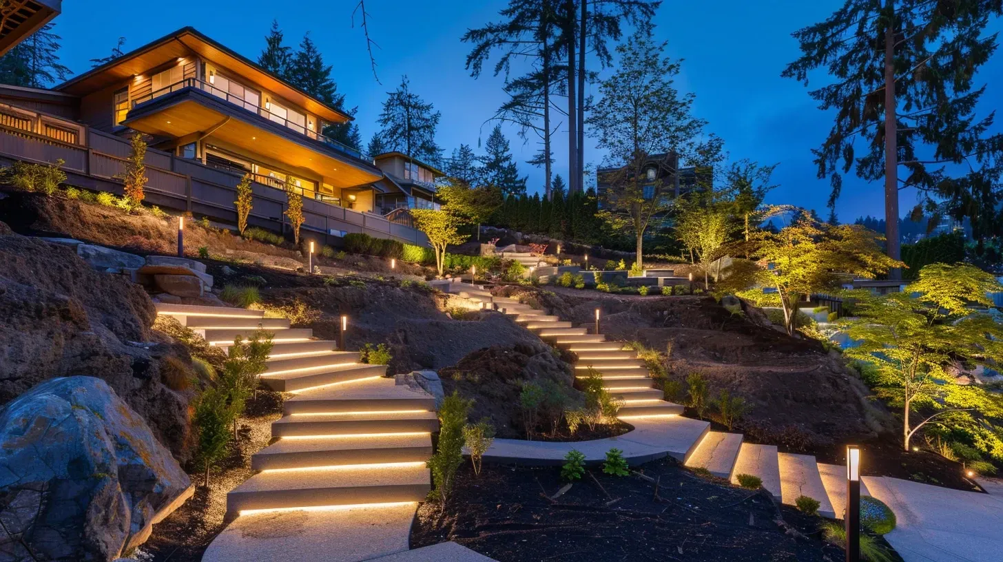 An inviting deck is the centerpiece of this backyard lighting in Burnaby BC design. Integrated step and rail lights enhance safety and ambiance. We are experts in deck and patio lighting in Burnaby, BC. Keywords: deck lighting, step lights, outdoor entertaining, North Burnaby.