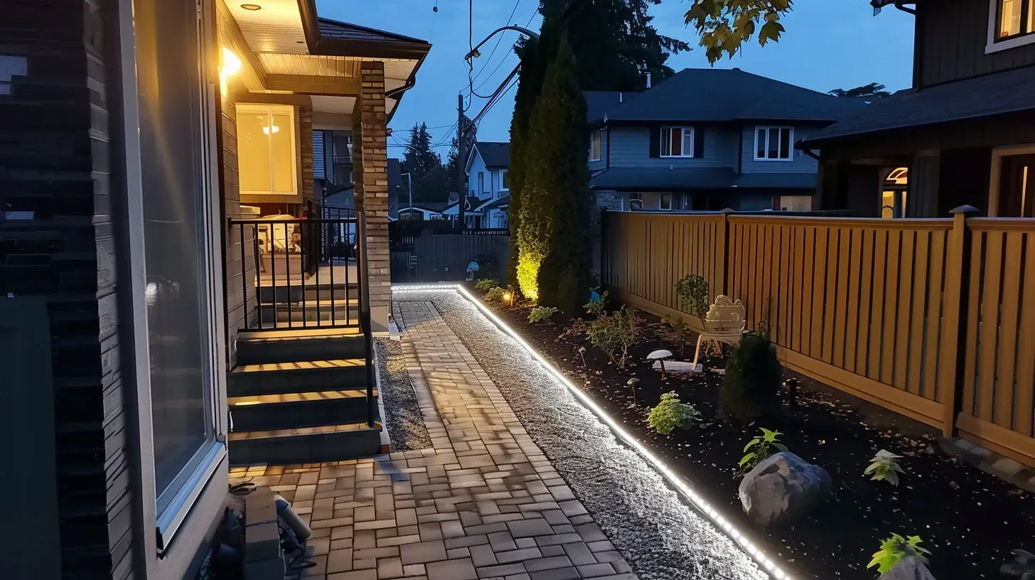Modern, sleek fixtures used for pathway lighting in Burnaby BC. This contemporary path lighting design complements the home's architecture. For stylish walkway lighting in Burnaby, we offer a range of options. Keywords: modern landscape design, exterior lighting, LED, Capitol Hill.