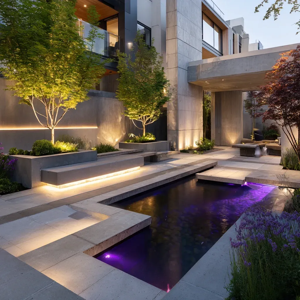 This rooftop patio in Yaletown, Downtown Vancouver, features stylish lighting from our Metro Vancouver landscape lighting services. We are experts in urban and small-space outdoor lighting. Keywords: Vancouver rooftop lighting, urban garden, patio lights, bistro lighting.