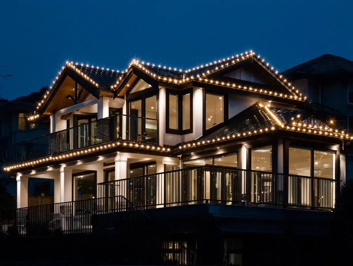 Enhancing safety with our landscape lighting services in Burnaby BC. This image shows riser lights on a staircase, a key offering of our outdoor lighting services. For professional garden lighting services in Burnaby, British Columbia, we integrate safety and design. Keywords: Burnaby landscape lighting installers, step lighting, deck lights, low voltage, Edmonds, exterior lighting services.