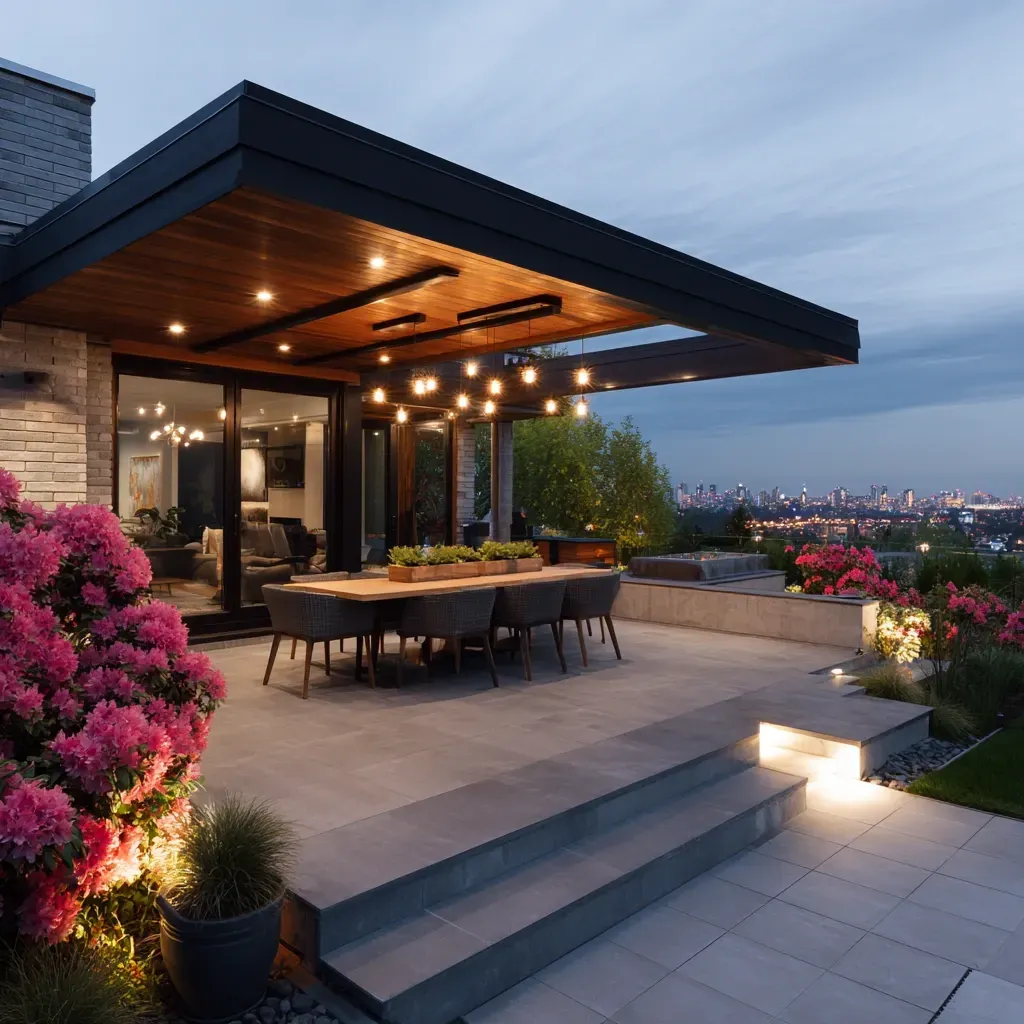 This restaurant patio attracts customers with inviting commercial lighting in Burnaby BC. Our bistro and patio lighting creates a profitable ambiance. For business and hospitality exterior lighting in Burnaby, we deliver results. Keywords: restaurant lighting, patio lights, business ambiance, outdoor dining.