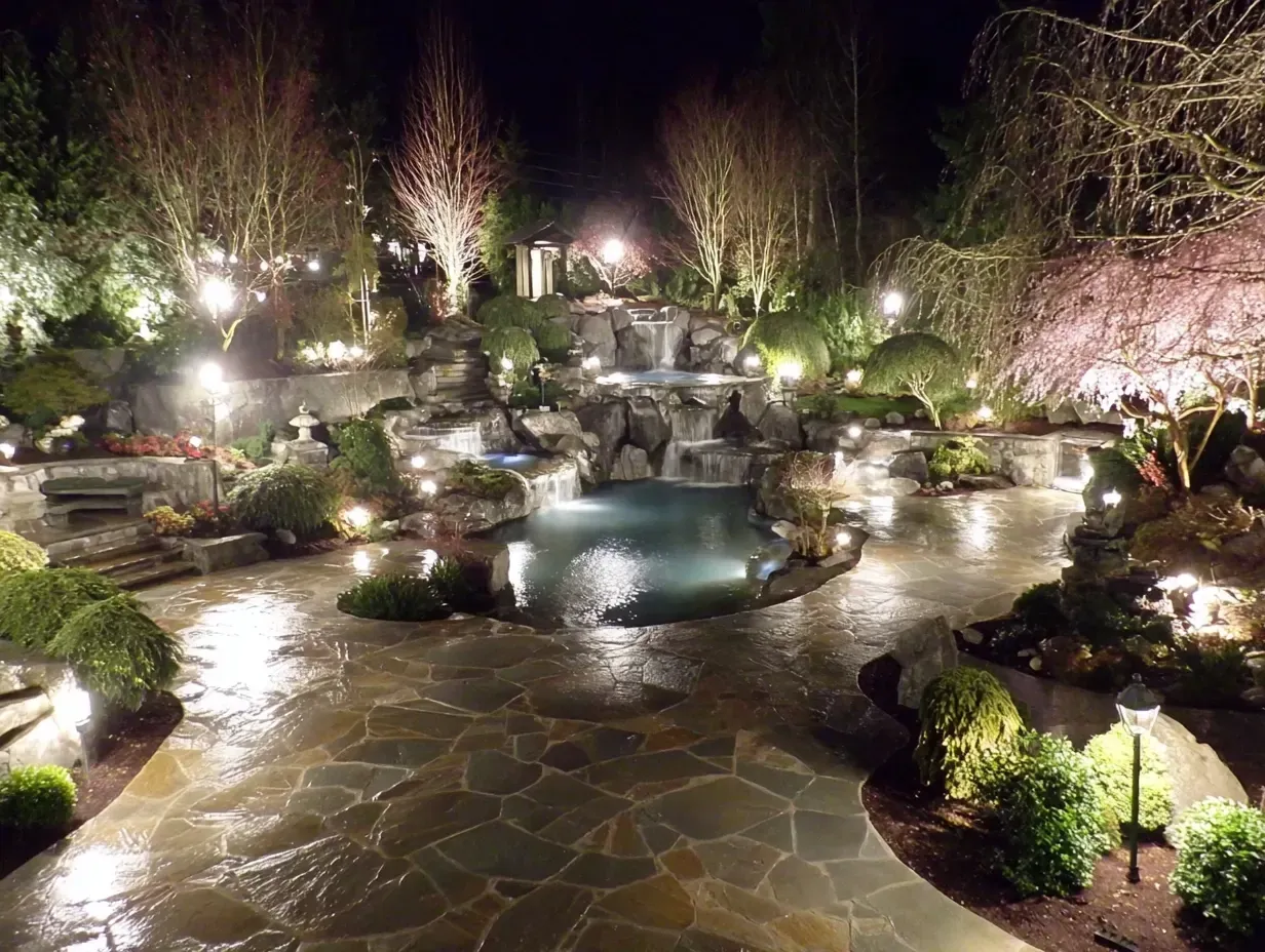 Before and after a professional landscape lighting installation in Burnaby BC. The transformation shows the value of a quality outdoor lighting installation. Our garden lighting installation services in Burnaby dramatically boost curb appeal. Keywords: Burnaby landscape lighting installers, home improvement, property value.