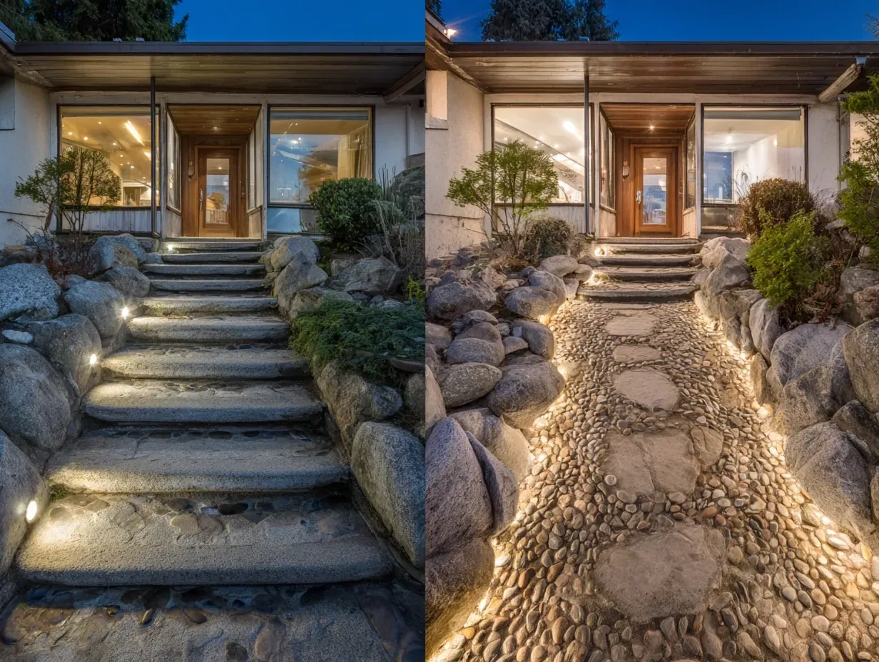 This multi-level property uses architectural lighting in Burnaby BC to connect different floors visually. Our exterior lighting designs create unity. For complex building illumination in Burnaby, we have the expertise. Keywords: multi-level lighting, landscape design, exterior harmony, professional plan.