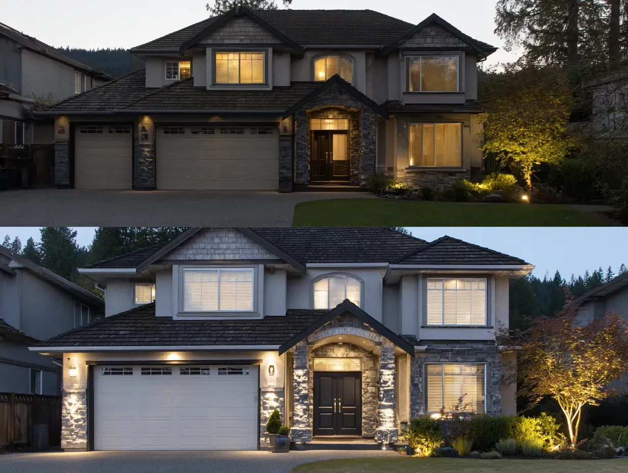 A technician installs low voltage backyard lighting in Burnaby BC. Our professional installation ensures your outdoor space is safe and stunning. For all your landscape lighting needs in Burnaby, we are the top choice. Keywords: landscape installation, low voltage, professional service, exterior design.