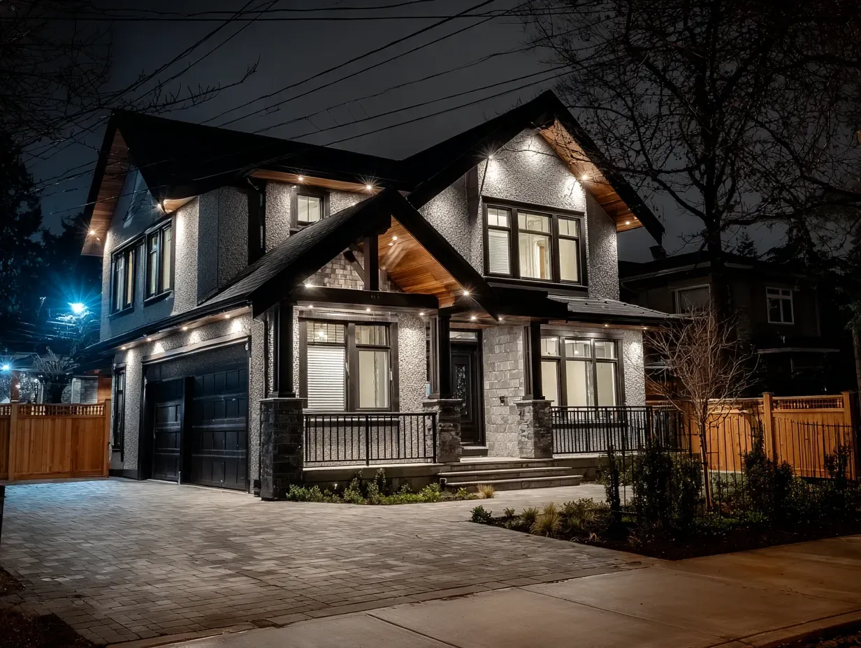 A winding garden path is safely illuminated by our backyard lighting in Burnaby BC. Path lights are essential for navigating your outdoor space at night. We install beautiful and functional path lighting in Burnaby. Keywords: path lighting, walkway safety, garden path, landscape navigation.