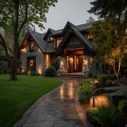 Perimeter lighting defines a large lawn in a North Burnaby property. This subtle landscape lighting Burnaby strategy uses low-profile fixtures to enhance security and create a sense of scale. Our outdoor lighting designers create polished, understated systems. Keywords: garden lighting Burnaby, exterior illumination, security lighting, low voltage solutions, professional design, large property.