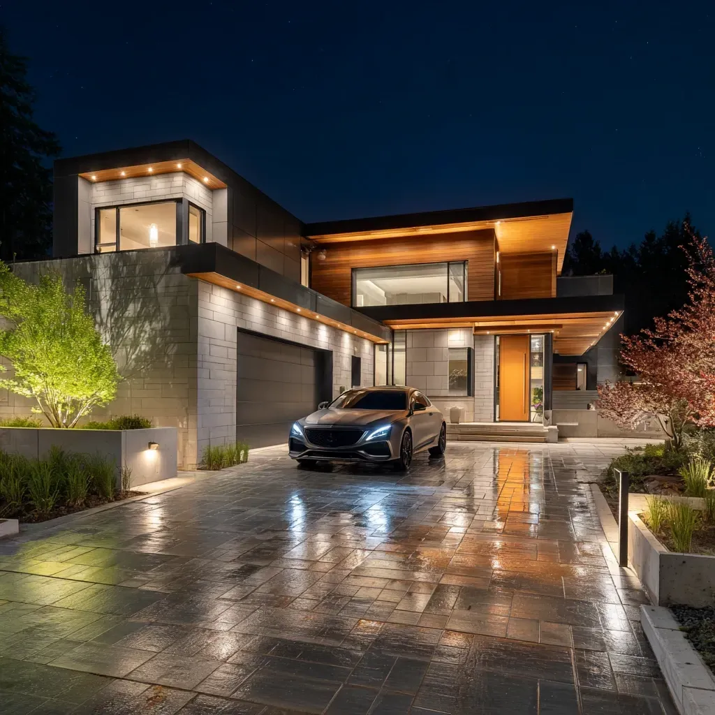 Silhouette lighting, an advanced technique of architectural lighting in Burnaby BC, outlines a unique roofline. Our exterior lighting experts create artistic effects. For creative building illumination in Burnaby, choose us. Keywords: custom lighting, landscape art, exterior design, unique effects.