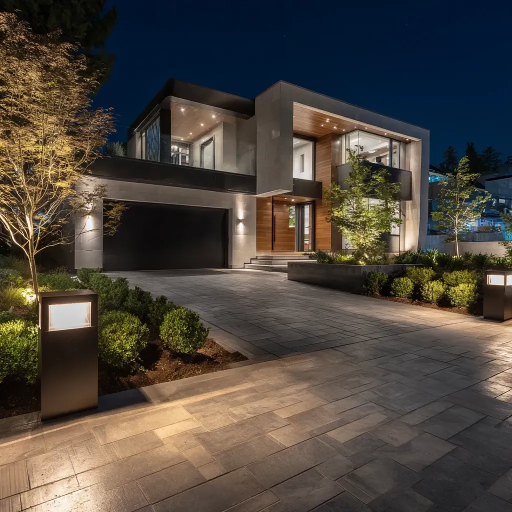 A snow-covered path is kept safe by all-weather pathway lighting in Burnaby BC. Our path lighting installations are built for the British Columbia climate. We provide durable walkway lighting in Burnaby. Keywords: winter safety, outdoor lighting, landscape durability, North Burnaby.