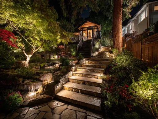 Before and after the transformative power of landscape lighting in Burnaby. The 'after' image reveals stunning curb appeal from a professional outdoor lighting Burnaby installation. Our garden lighting and architectural illumination services boost home value and safety. Keywords: exterior lighting Burnaby BC, low voltage solutions, Burnaby landscape lighting design, property enhancement, security lighting.
