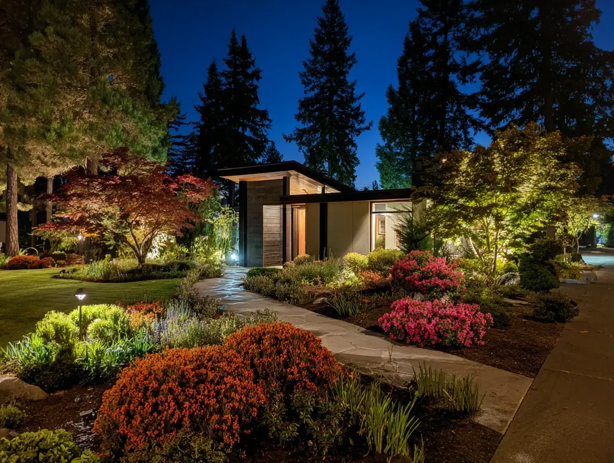 Before and after showcasing the power of architectural lighting in Burnaby BC. The home transforms from flat to dynamic with our exterior lighting design. We provide impactful building illumination in Burnaby. Keywords: curb appeal, property value, landscape lighting, home exterior.