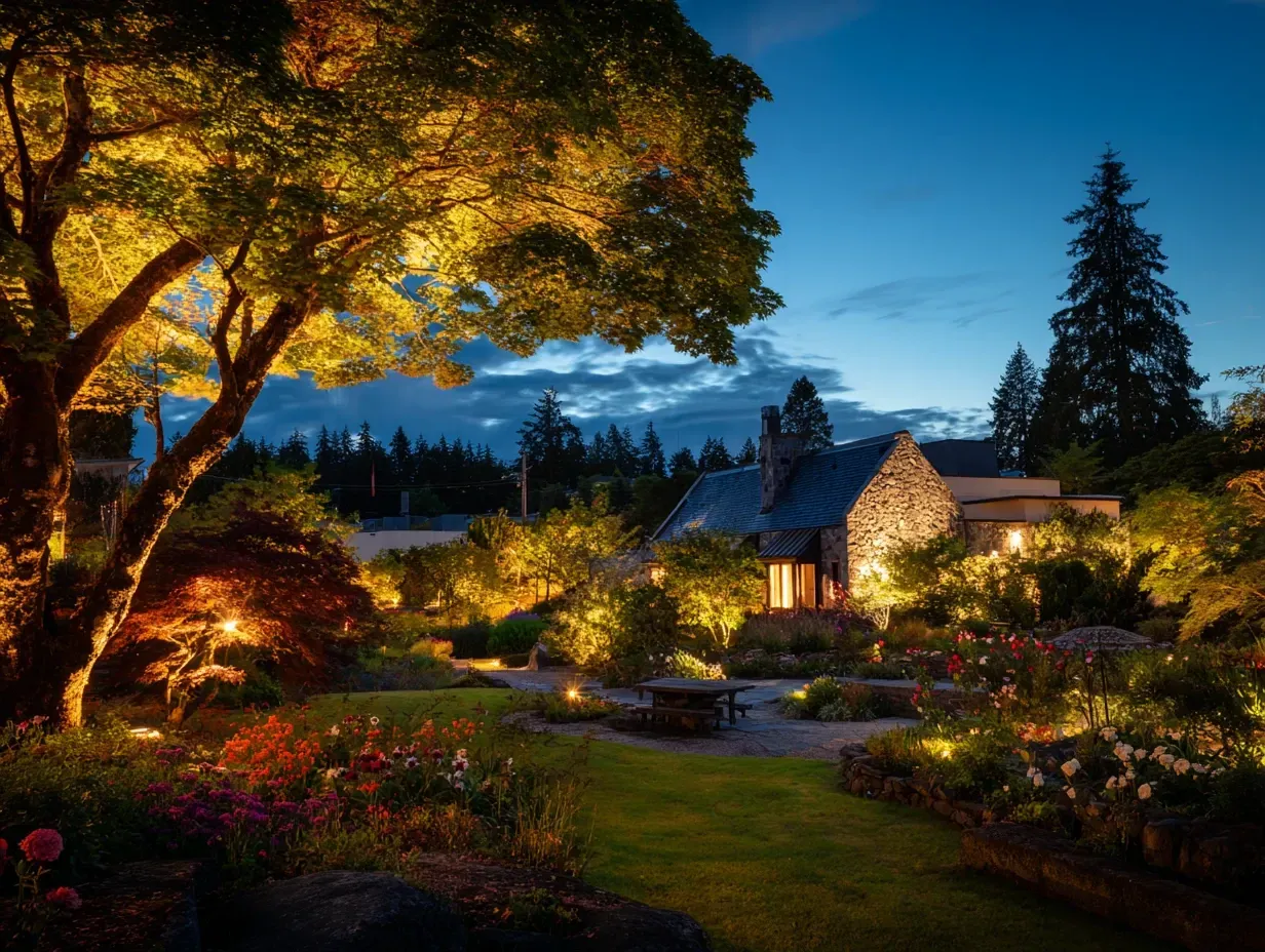 A beautiful, functional space created by professional backyard lighting in Burnaby BC. This system includes patio, garden, and accent lights. For a complete outdoor living solution in Burnaby, British Columbia, choose our services. Keywords: outdoor living, patio lighting, garden lights, Metrotown.