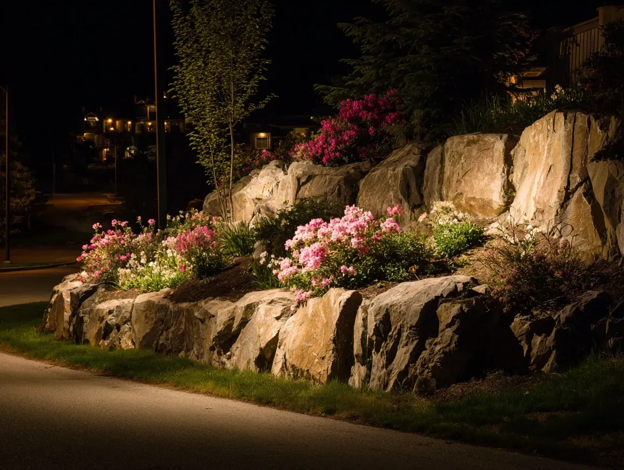 The warm glow of 3000K pathway lighting in Burnaby BC creates a welcoming entrance. Our path lighting designs focus on ambiance and function. For inviting walkway lighting in Burnaby, choose the right color temperature. Keywords: LED lighting, landscape ambiance, outdoor design, professional installation.