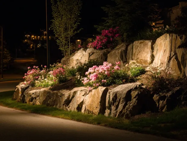 Tree uplighting by our Burnaby BC landscape lighting services company. We offer comprehensive outdoor lighting services in Burnaby, using high-lumen spotlights to create dramatic effects. This is a key feature of our garden lighting services in Burnaby, BC. For exterior lighting services in British Columbia, trust our experts. Keywords: landscape lighting installers Burnaby BC, accent lighting, property value, North Burnaby, custom design, 12V system.