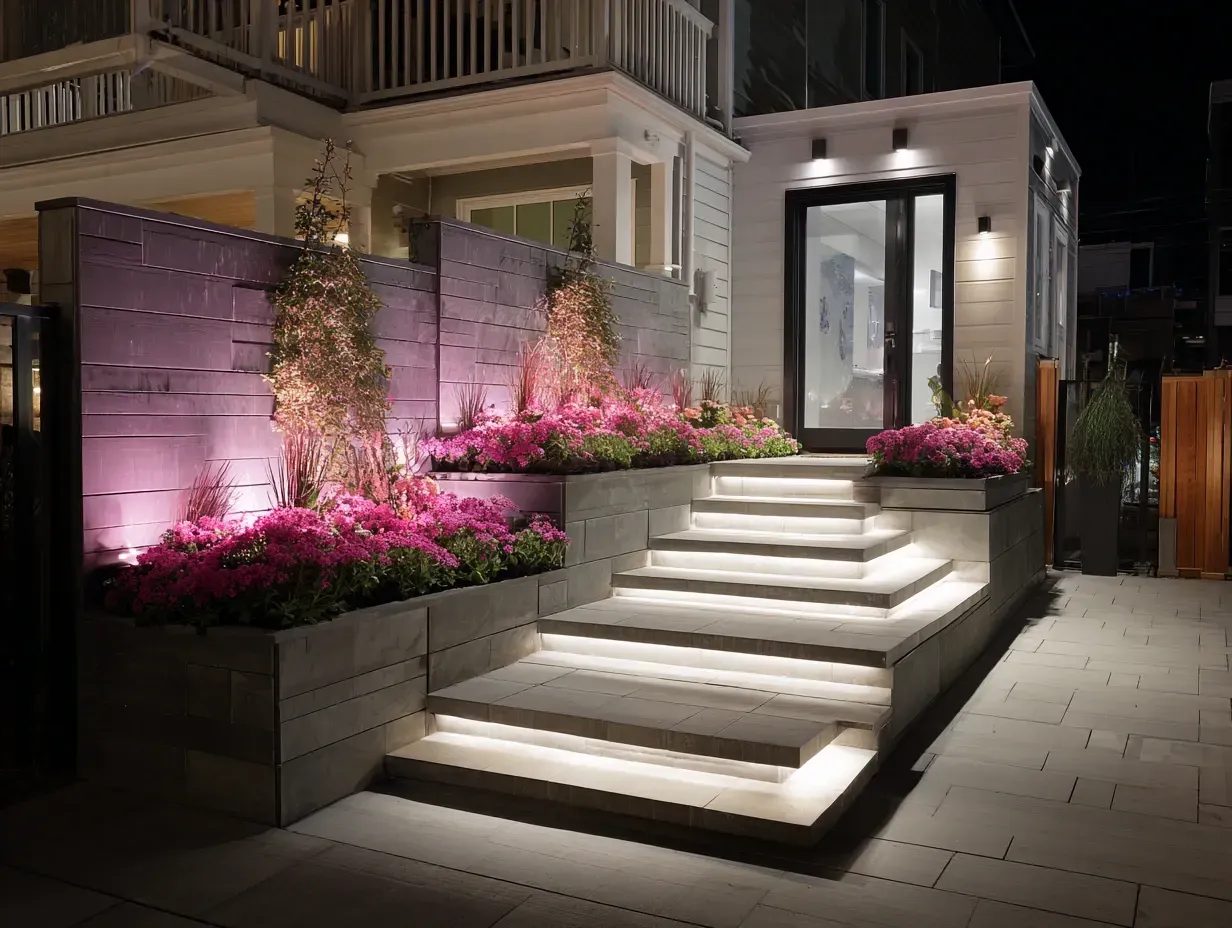 Our landscape lighting services Burnaby BC include robust security lighting solutions. This installation features motion sensors and perimeter floodlights. Our outdoor lighting services in Burnaby combine aesthetic garden lighting with powerful security features for complete peace of mind in British Columbia. Keywords: Burnaby BC landscape lighting services, home security, exterior lighting, professional installation, safe property.
