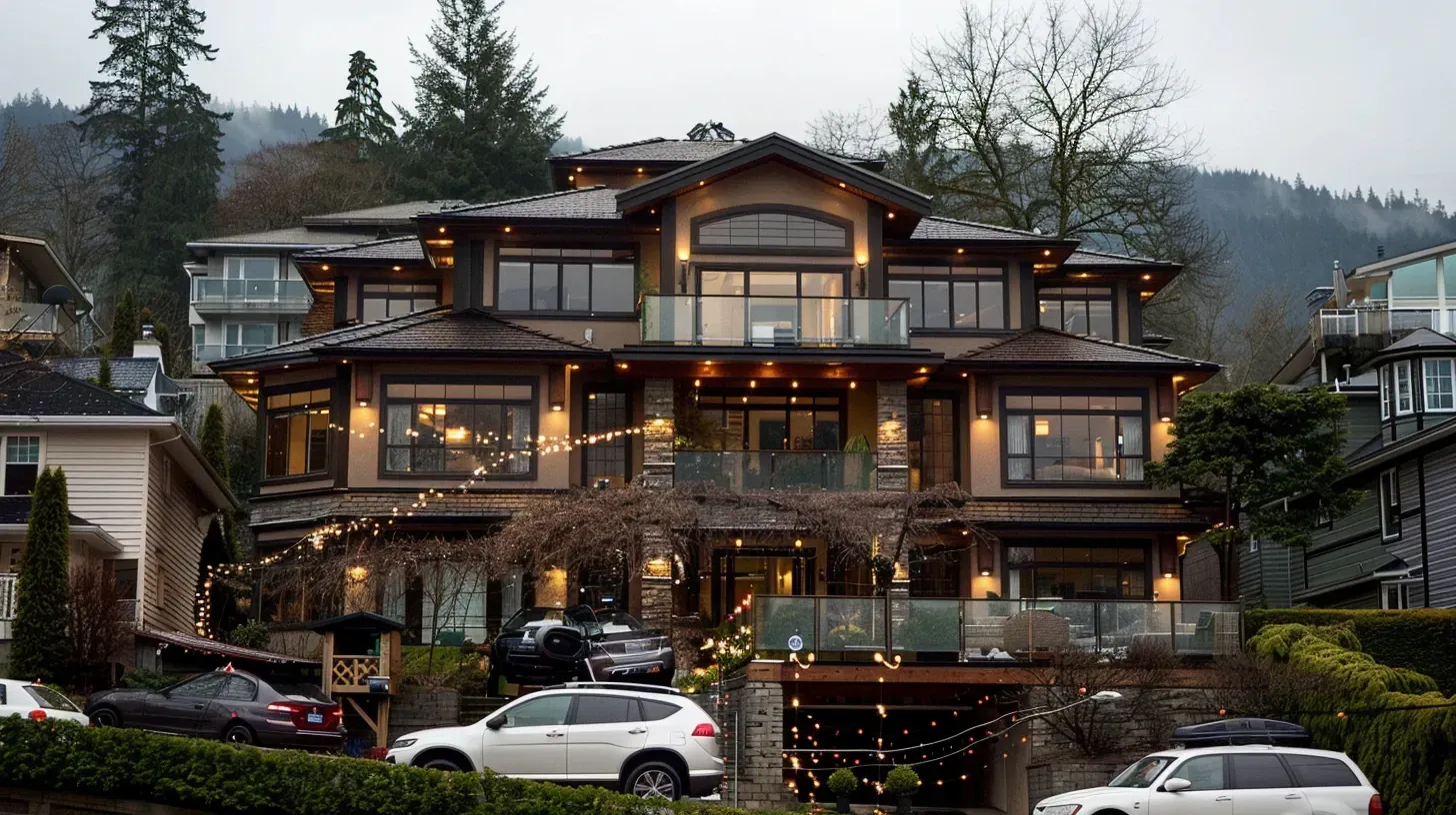 The entire backyard is visible from inside the home, thanks to our backyard lighting in Burnaby BC. Our landscape lighting extends your view and connects indoor and outdoor spaces. Keywords: indoor outdoor living, extended view, landscape connection, exterior design.
