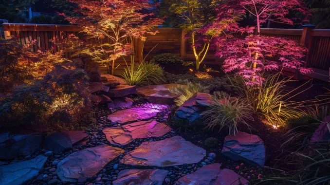 A sustainable landscape lighting Burnaby option: high-efficiency low voltage LED system. While solar is an option, our professional outdoor lighting Burnaby systems offer superior reliability and control. This garden in Burnaby, BC is lit with an energy-efficient 12V system. Keywords: eco-friendly, low wattage, LED technology, garden lighting installation Burnaby, sustainable design, exterior lighting.