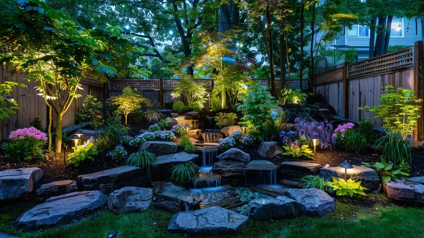 A relaxing water feature sounds are complemented by our tranquil backyard lighting in Burnaby BC. Our landscape lighting designs enhance the sensory experience of your outdoor space. Keywords: water feature lighting, sensory garden, tranquil ambiance, landscape harmony.