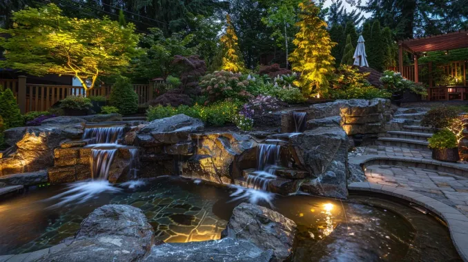 Subtle landscape lighting complements a fire pit area in a Burnaby backyard. The soft garden illumination from our outdoor lighting Burnaby design enhances the natural ambiance. This low voltage system provides functional light without overpowering the fire. Keywords: Burnaby landscape lighting, backyard lighting, outdoor living, exterior lighting solutions, entertaining, Coquitlam, professional installation.