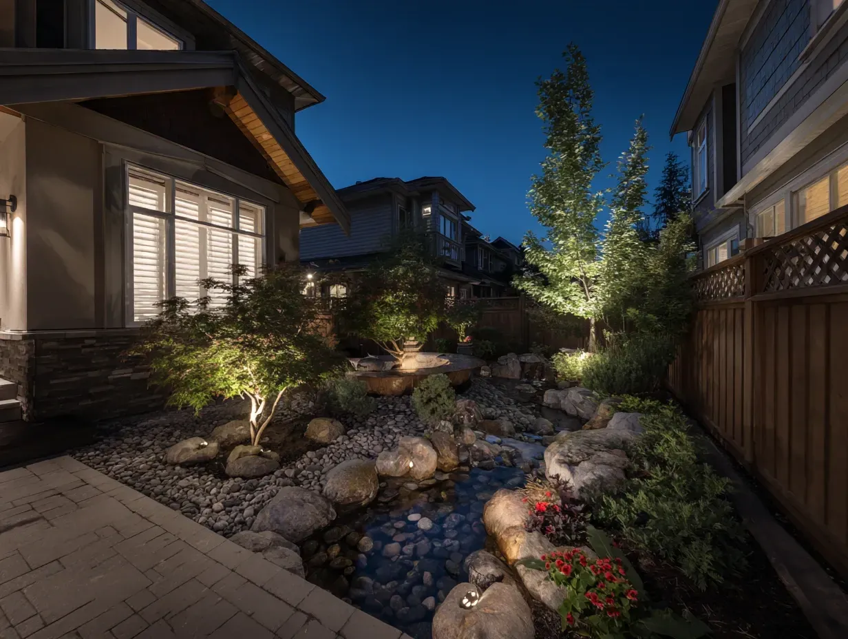 A close-up of a high-quality, discreet fixture used for our backyard lighting in Burnaby BC. We use professional-grade hardware for all landscape lighting installations. Keywords: quality fixtures, professional grade, landscape hardware, durable installation.