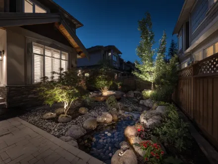 A dark backyard contrasts the need for professional landscape lighting in Burnaby. Without outdoor lighting, spaces are unusable and unsecure. Our Burnaby, BC services transform dark yards into beautiful, safe extensions of your home. Keywords: garden lighting Burnaby, exterior illumination, low voltage solutions, security lighting, backyard lighting, curb appeal, property value.
