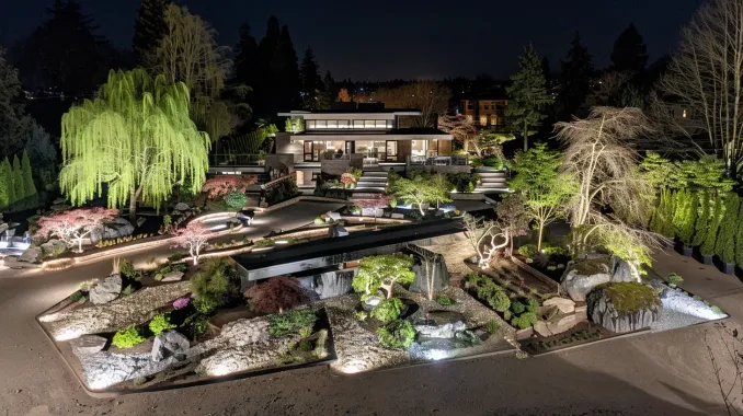 A multi-layered landscape lighting Burnaby design for a home on Burnaby Mountain. This comprehensive outdoor lighting system combines tree uplighting, pathway lights, and architectural downlighting. Professional landscape lighting installation in Burnaby adds depth and beauty. Our low voltage solutions are perfect for any British Columbia property. Keywords: garden lighting Burnaby, exterior lighting Burnaby BC, SFU, custom design, LED, security.