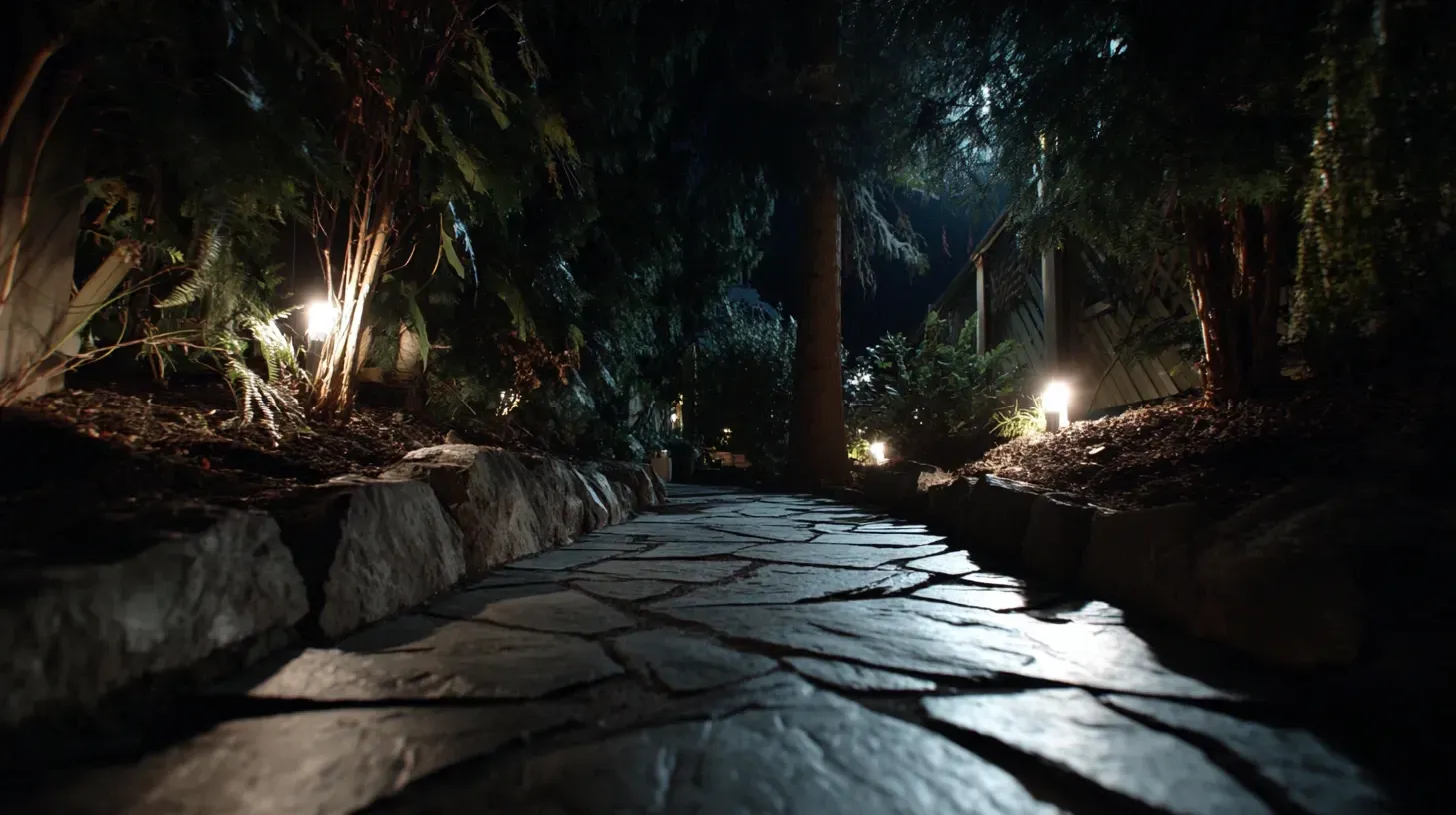 A beautiful backyard transformed by professional outdoor lighting in Burnaby BC. This complete system includes pathway, garden, and patio lights. We are the premier service for landscape lighting in Burnaby, British Columbia. Keywords: backyard lighting, landscape design, exterior illumination, Metrotown.