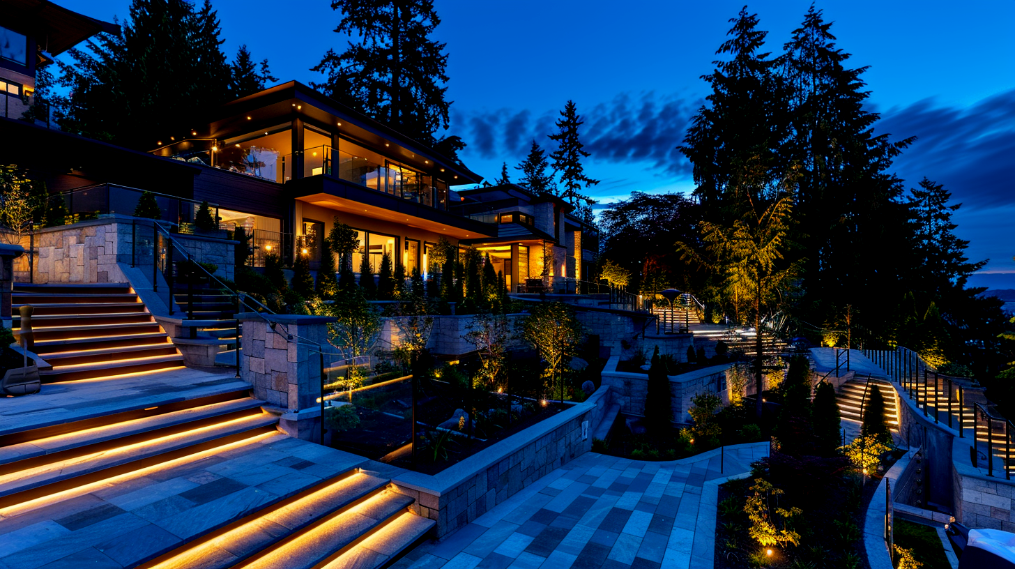 A snow-covered path is kept safe by all-weather pathway lighting in Burnaby BC. Our path lighting installations are built for the British Columbia climate. We provide durable walkway lighting in Burnaby. Keywords: winter safety, outdoor lighting, landscape durability, North Burnaby.
