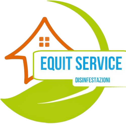 Logo di Equit Service disinfestazioni con contorno di casa arancione e swoosh circolare verde