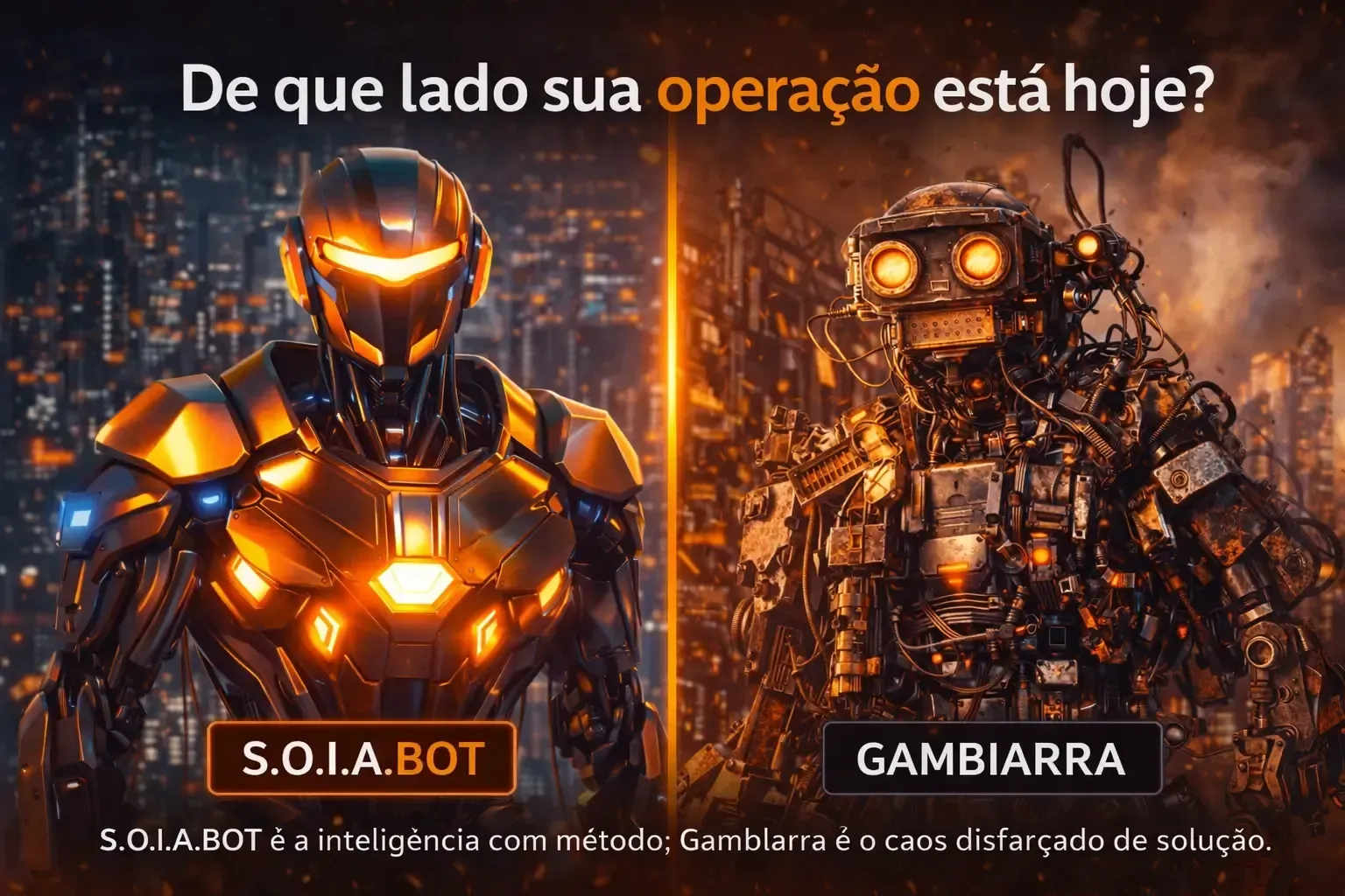 Comparação entre S.O.I.A.BOT e Gambiarra representando operação com método vs caos na implementação