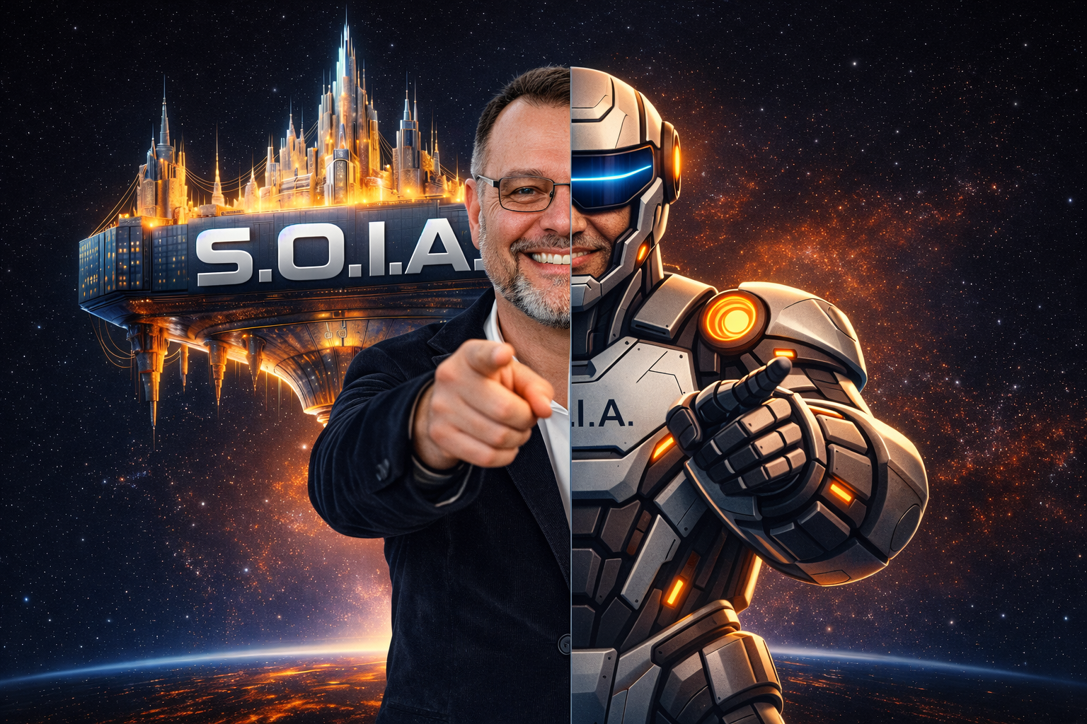 Fusão entre humano e robô representando imortalidade digital com inteligência artificial e o sistema