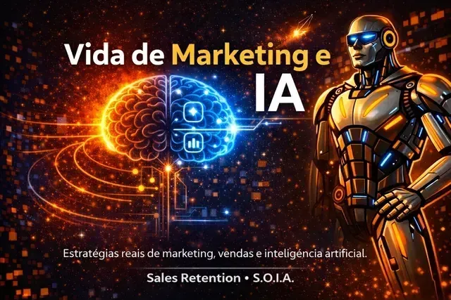 Vida de Marketing e IA, com cérebro digital brilhante e robô dourado em fundo escuro com luzes laranja