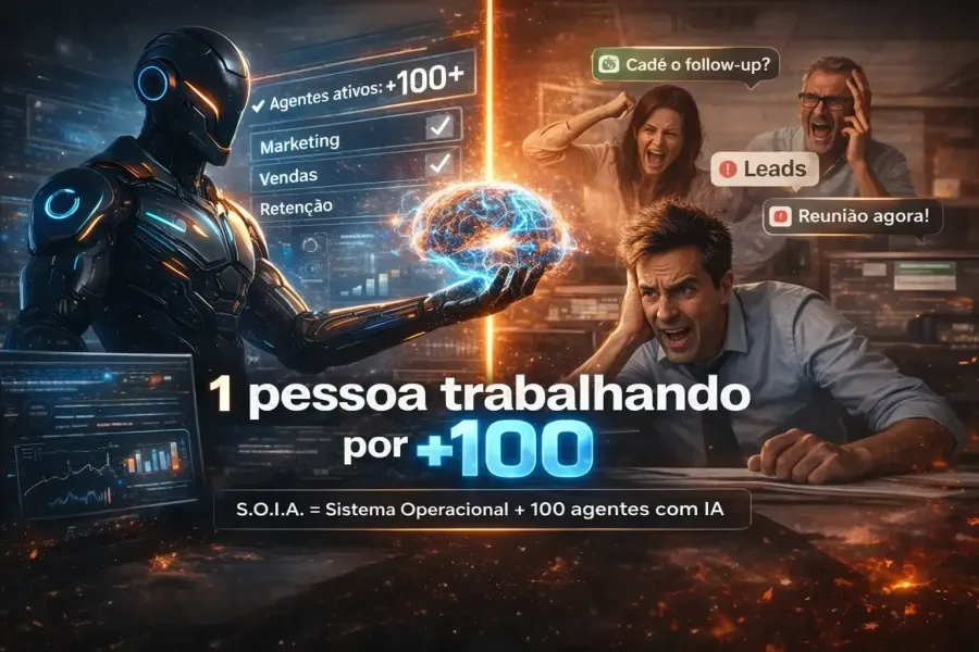 robo com cérebro na mão e personagens humanos desesperados 1 pessoa por +100