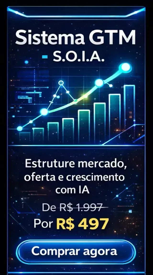 Anúncio “Sistema GTM - S.O.I.A.” com gráfico crescente azul e botão “Comprar agora” em fundo escuro.