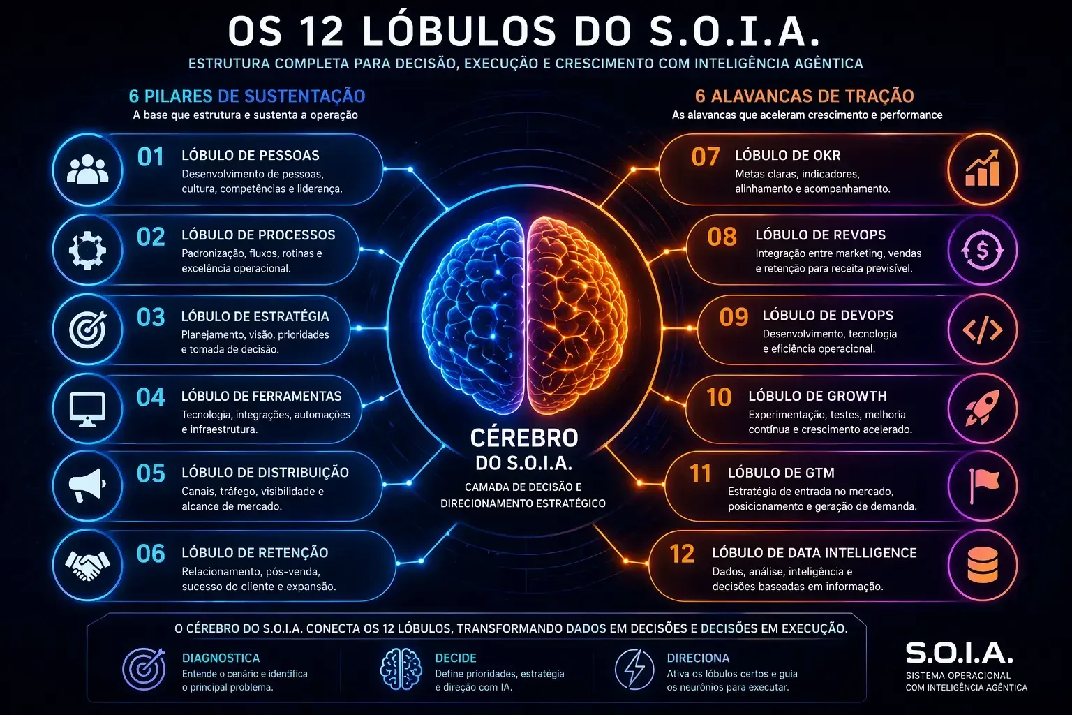 Os 12 Lóbulos do S.O.I.A. divididos em 6 Pilares de Sustentação (Pessoas, Processos, Estratégia, Fer