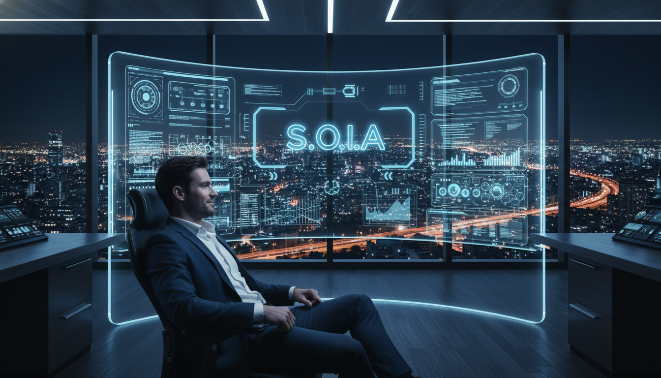 Homem observando painel futurista do S.O.I.A. em ambiente tecnológico da Sales Retention