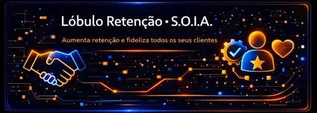 Banner para “Lóbulo Retenção - SOIA” com ícones de aperto de mão, estrela, coração e usuário sobre um fundo azul escuro com temática tecnológica.