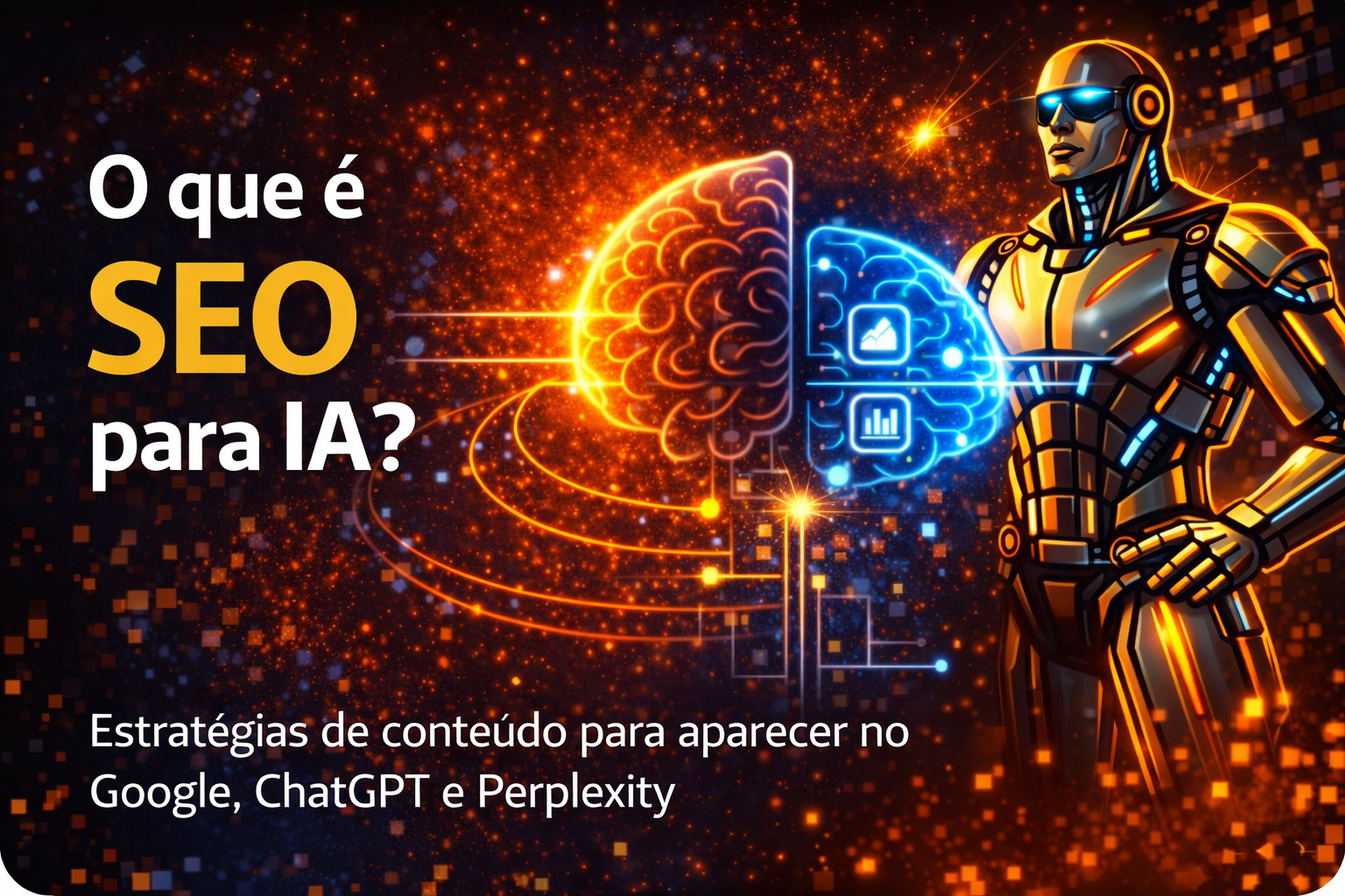 Imagem ilustrativa sobre SEO para IA mostrando cérebro digital e robô representando estratégias para