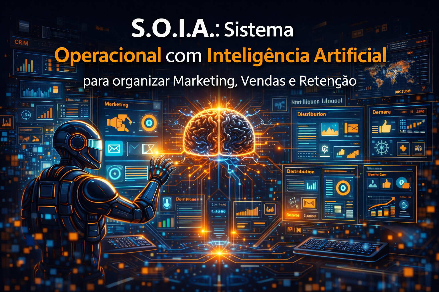 Ilustração do sistema S.O.I.A. com agentes de inteligência artificial organizando marketing, vendas 