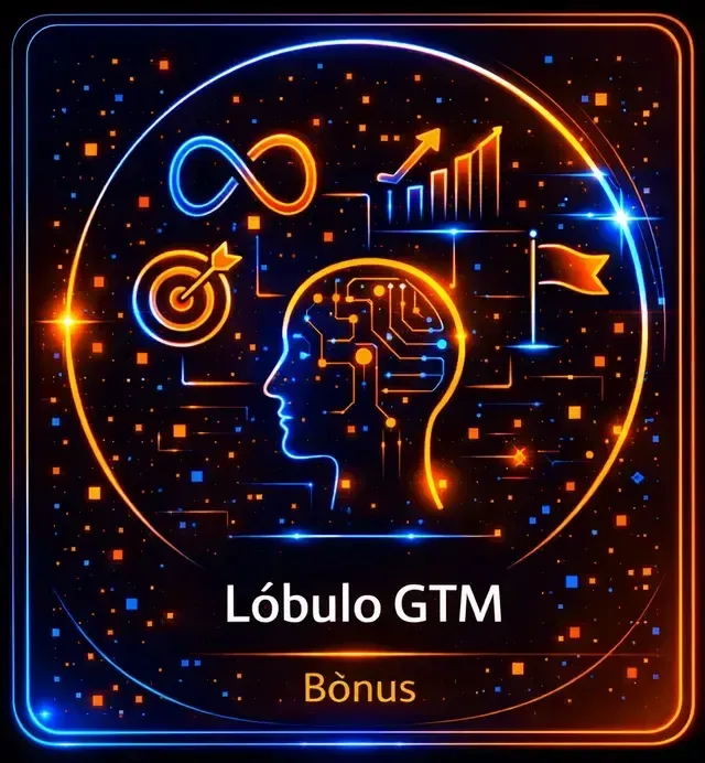 Logotipo tecnológico em tons de laranja e azul brilhantes, com uma cabeça, gráficos, alvo e os textos “Lóbulo GTM” e “Bônus”.