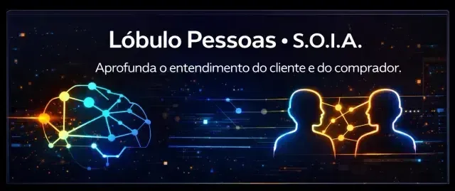 Banner Lóbulo Pessoas + SOIA com rede neural brilhante e duas silhuetas conectadas em fundo escuro.
