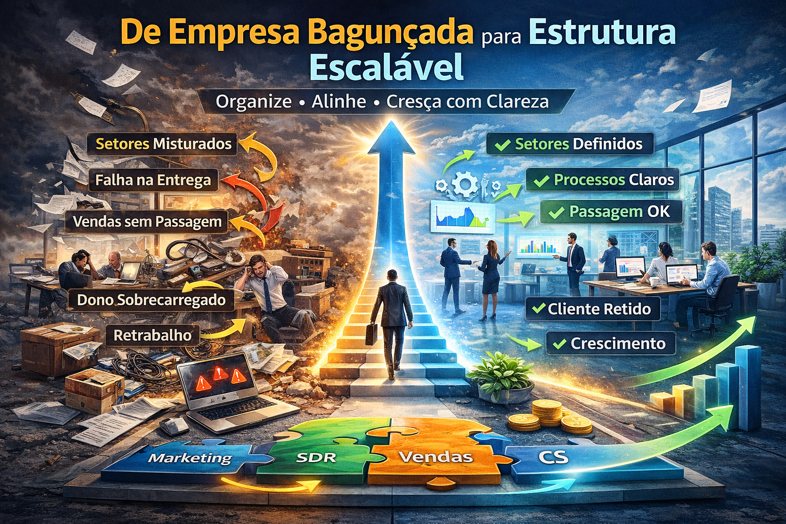 Imagem mostrando a transição de uma empresa bagunçada para uma estrutura escalável, com áreas organizadas como marketing, vendas, operações e crescimento.