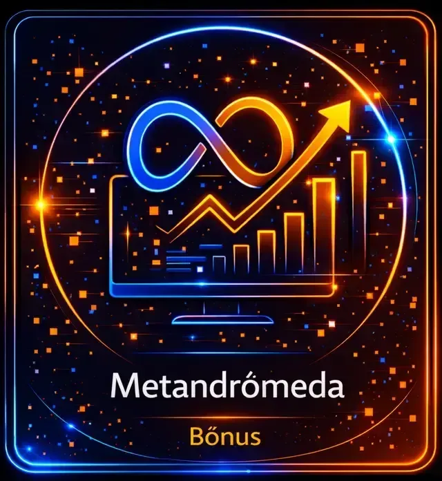 Ícone de néon com símbolo do infinito, gráfico ascendente e o texto “Metandrómeda Bônus” sobre um fundo escuro.