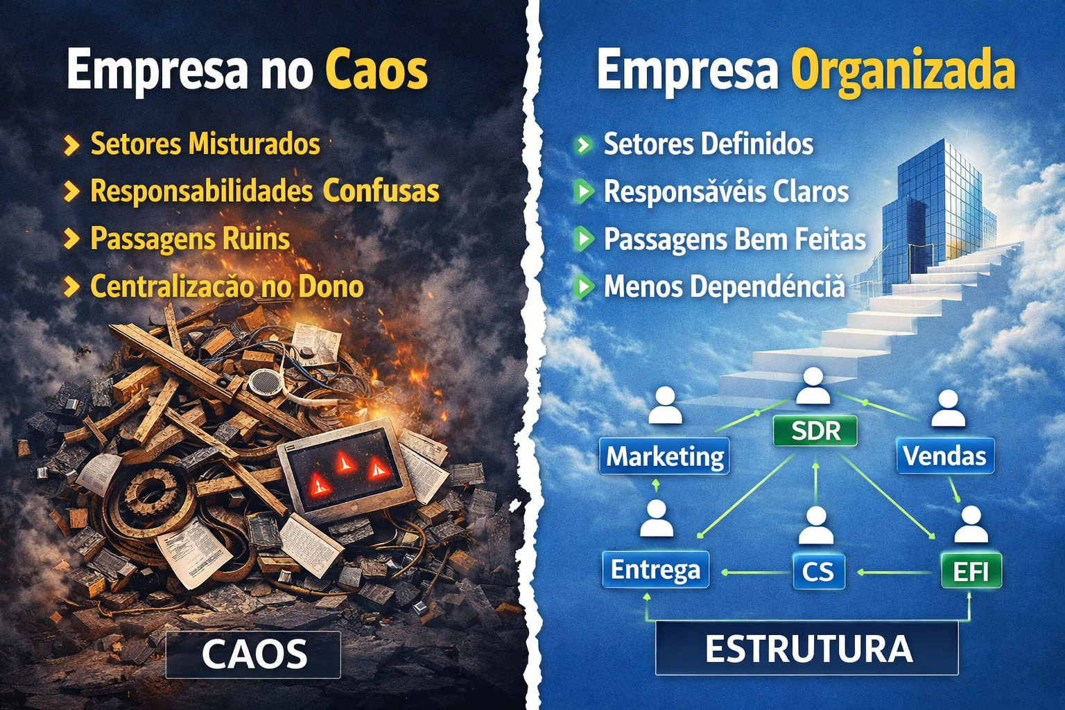 Imagem comparando empresa no caos com empresa organizada.