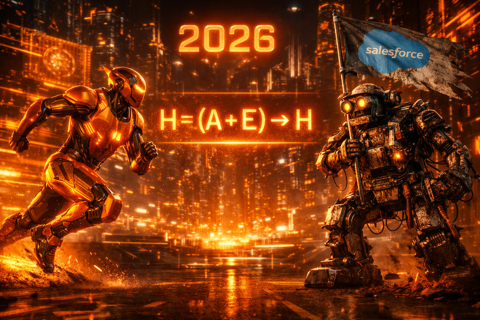 Robô futurista S.O.I.A. enfrentando sistema tradicional em cenário cyberpunk 2026 com fórmula H=(A+E