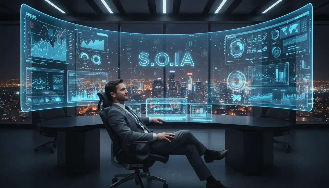 Painel futurista do S.O.I.A. mostrando sistema de inteligência artificial aplicado a marketing, vend