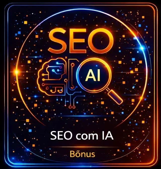 SEO e IA em destaque com ícone de lupa, fundo preto e detalhes neon laranja e azul; texto “SEO com IA Bônus”