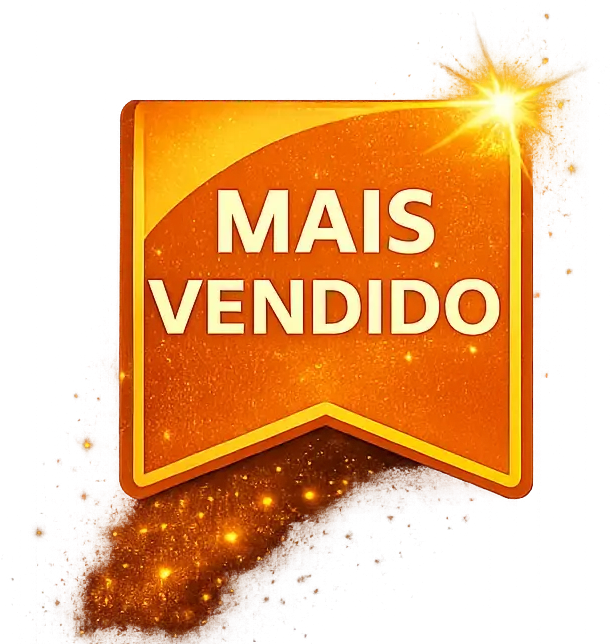 Selo laranja brilhante com texto “MAIS VENDIDO” e efeito de brilho dourado.