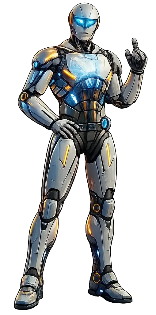 Robô futurista prateado e azul em pé, acenando, com viseira azul brilhante e armadura.