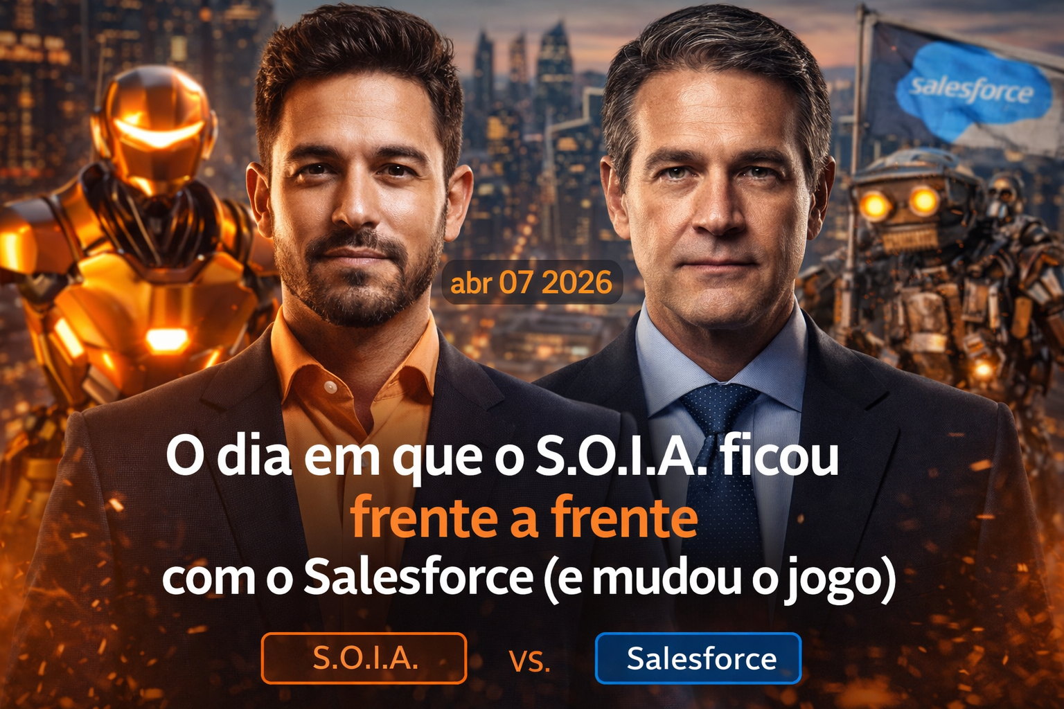 Robô futurista S.O.I.A. enfrentando sistema tradicional em cenário cyberpunk 2026 com fórmula H=(A+E