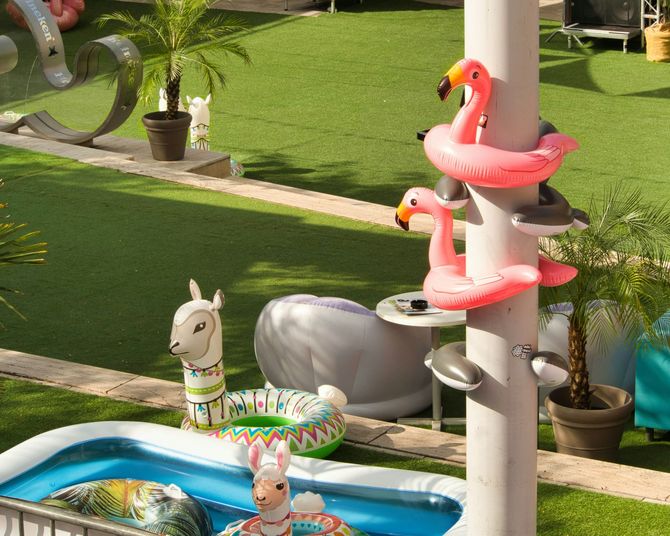 Inflatable pink flamingos, a llama float, and a small pool set up on a patch of artificial grass.
